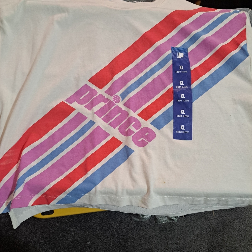 Prince White Tee with Red, Pink, and Blue Stripes